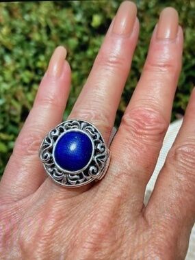 JTV 5.00ct Lapis Lazuli Cabochon 925 Sterling Silver Filigree Ring Size 5.75
